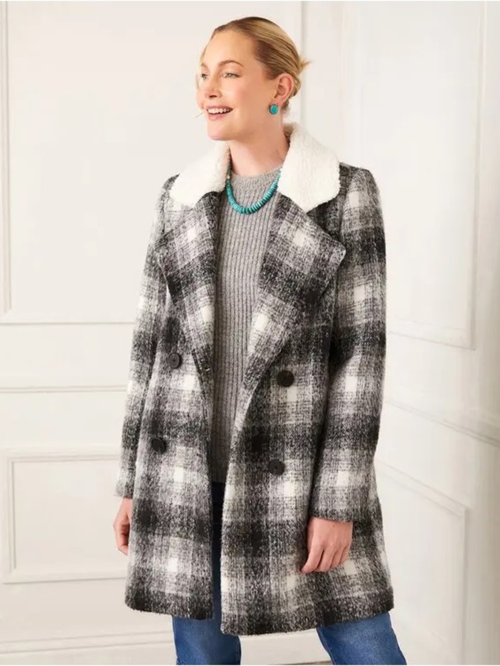 NWT Karen Kane Black & White Plaid Double-Breasted Coat with Shearling Collar
